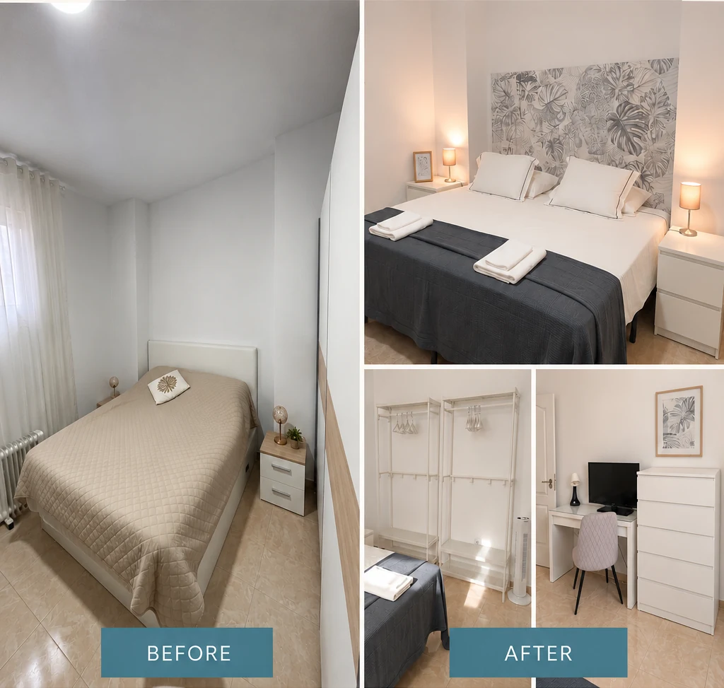 Antes y después de dormitorio con almacenaje y zona de trabajo
