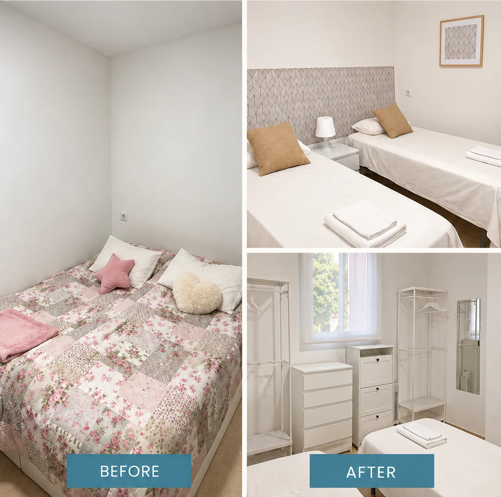 Antes y después de dormitorio convertido en habitación de dos camas