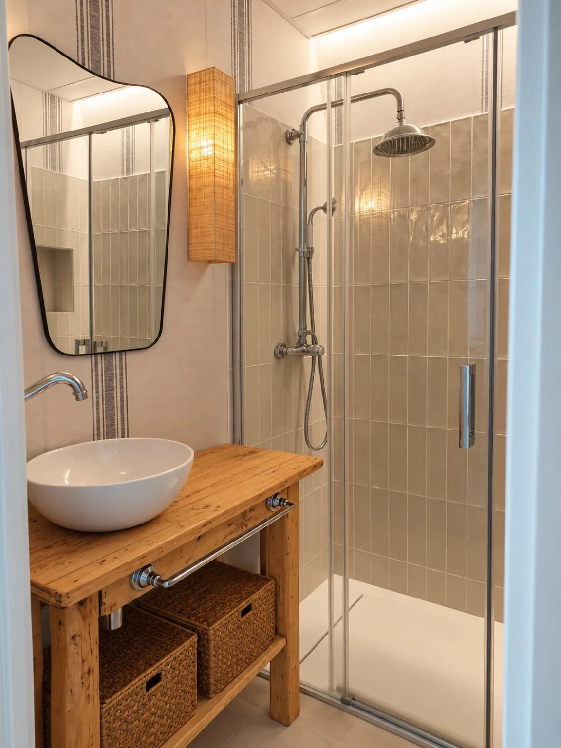 Después de renovar el baño: ducha de cristal, lavabo sobre madera e iluminación cálida